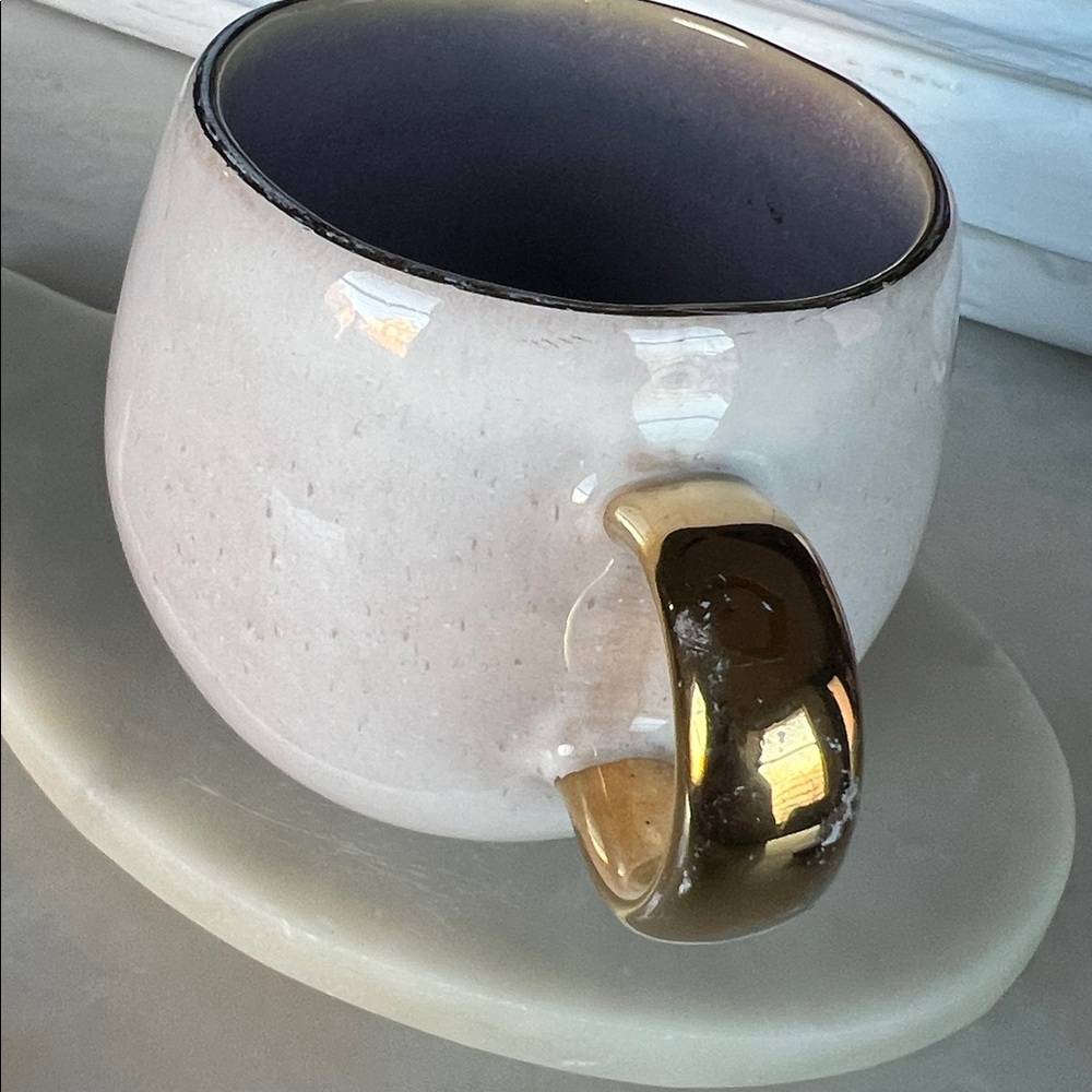 Anthropologie Perasima mug white opalescent ceramic with a gold handle and rim - Picture 3 of 13